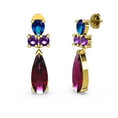 Rodolit garnet, lab safir ve ametist 18 ayar altın küpe