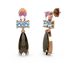 Dumanlı kuvars, pembe kuvars ve akuamarin 925 ayar rose altın kaplama gümüş küpe