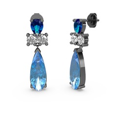 Akuamarin, lab safir ve beyaz zirkon 925 ayar siyah rodyum kaplama gümüş küpe