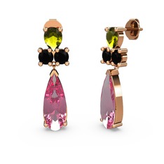 Pembe kuvars, peridot ve siyah zirkon 18 ayar rose altın küpe