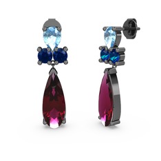 Rodolit garnet, akuamarin ve lab safir 925 ayar siyah rodyum kaplama gümüş küpe