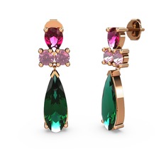 Yeşil kuvars, rodolit garnet ve pembe kuvars 925 ayar rose altın kaplama gümüş küpe