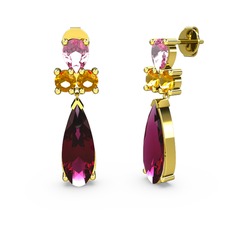 Şana Damla Küpe - Rodolit garnet, pembe kuvars ve sitrin 18 ayar altın küpe #1foks6o