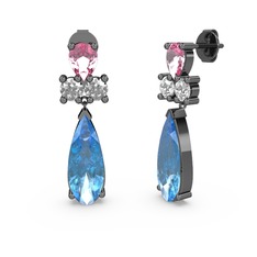 Akuamarin, pembe kuvars ve beyaz zirkon 925 ayar siyah rodyum kaplama gümüş küpe