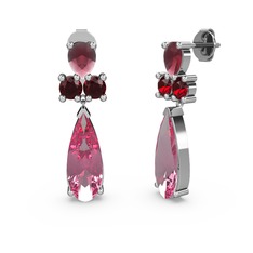 Şana Damla Küpe - Pembe kuvars, kök yakut ve garnet 18 ayar beyaz altın küpe #1fy2aaj