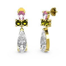 Swarovski, pembe kuvars ve peridot 14 ayar altın küpe
