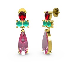 Şana Damla Küpe - Pembe kuvars, garnet ve kök zümrüt 14 ayar altın küpe #1glckoy