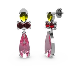 Pembe kuvars, peridot ve garnet 18 ayar beyaz altın küpe