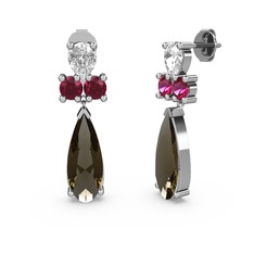 Dumanlı kuvars, beyaz zirkon ve rodolit garnet 14 ayar beyaz altın küpe