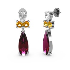 Şana Damla Küpe - Rodolit garnet, swarovski ve sitrin 8 ayar beyaz altın küpe #1gyig15