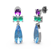 Şana Damla Küpe - Akuamarin, ametist ve kök zümrüt 14 ayar beyaz altın küpe #1i15yy6