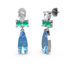 Şana Damla Küpe - Akuamarin, beyaz zirkon ve kök zümrüt 14 ayar beyaz altın küpe #1i466ur