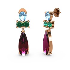 Rodolit garnet, akuamarin ve yeşil kuvars 18 ayar rose altın küpe