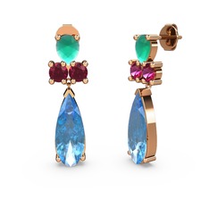 Şana Damla Küpe - Akuamarin, kök zümrüt ve rodolit garnet 14 ayar rose altın küpe #1io6s14