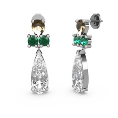 Swarovski, dumanlı kuvars ve yeşil kuvars 8 ayar beyaz altın küpe