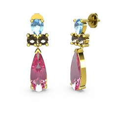 Pembe kuvars, akuamarin ve dumanlı kuvars 18 ayar altın küpe