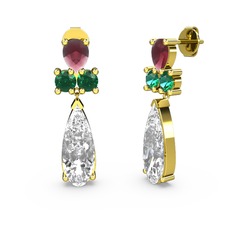 Swarovski, kök yakut ve yeşil kuvars 18 ayar altın küpe