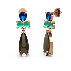 Şana Damla Küpe - Dumanlı kuvars, lab safir ve kök zümrüt 18 ayar rose altın küpe #1k3t2ku