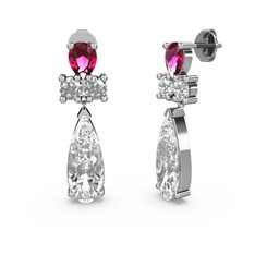 Beyaz zirkon, rodolit garnet ve swarovski 18 ayar beyaz altın küpe