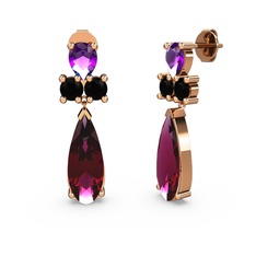 Şana Damla Küpe - Rodolit garnet, ametist ve siyah zirkon 18 ayar rose altın küpe #1kvext0
