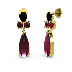 Şana Damla Küpe - Rodolit garnet, siyah zirkon ve garnet 8 ayar altın küpe #1kw094j