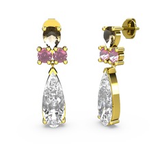 Şana Damla Küpe - Swarovski, dumanlı kuvars ve pembe kuvars 18 ayar altın küpe #1l0h0ah