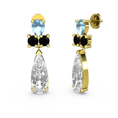 Şana Damla Küpe - Swarovski, akuamarin ve siyah zirkon 18 ayar altın küpe #1l0uvy9