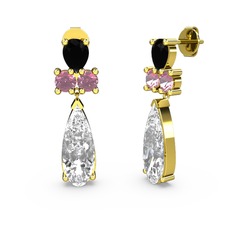 Şana Damla Küpe - Swarovski, siyah zirkon ve pembe kuvars 18 ayar altın küpe #1l6csjn