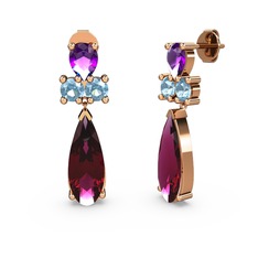Rodolit garnet, ametist ve akuamarin 925 ayar rose altın kaplama gümüş küpe