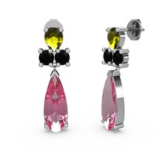 Pembe kuvars, peridot ve siyah zirkon 18 ayar beyaz altın küpe