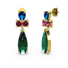 Şana Damla Küpe - Yeşil kuvars, lab safir ve rodolit garnet 14 ayar altın küpe #1lor4eq