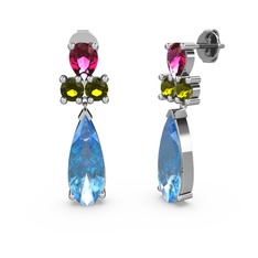 Akuamarin, rodolit garnet ve peridot 18 ayar beyaz altın küpe