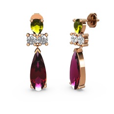Rodolit garnet, peridot ve swarovski 18 ayar rose altın küpe
