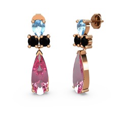 Pembe kuvars, akuamarin ve siyah zirkon 18 ayar rose altın küpe