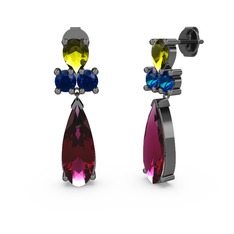 Rodolit garnet, peridot ve lab safir 925 ayar siyah rodyum kaplama gümüş küpe