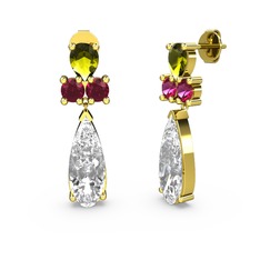 Şana Damla Küpe - Beyaz zirkon, peridot ve rodolit garnet 8 ayar altın küpe #1n5o5js