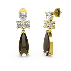 Dumanlı kuvars, beyaz zirkon ve swarovski 14 ayar altın küpe