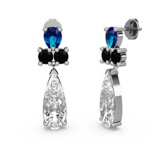 Swarovski, lab safir ve siyah zirkon 14 ayar beyaz altın küpe