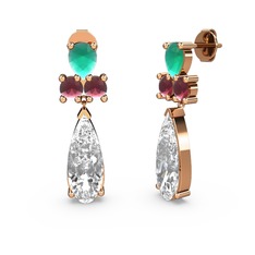 Şana Damla Küpe - Beyaz zirkon, kök zümrüt ve kök yakut 8 ayar rose altın küpe #1nce314