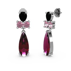 Rodolit garnet, siyah zirkon ve pembe kuvars 18 ayar beyaz altın küpe