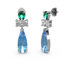 Akuamarin, yeşil kuvars ve swarovski 18 ayar beyaz altın küpe