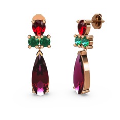 Rodolit garnet, garnet ve yeşil kuvars 14 ayar rose altın küpe