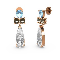 Swarovski, akuamarin ve dumanlı kuvars 18 ayar rose altın küpe