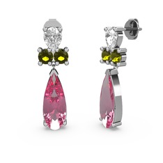Pembe kuvars, swarovski ve peridot 18 ayar beyaz altın küpe