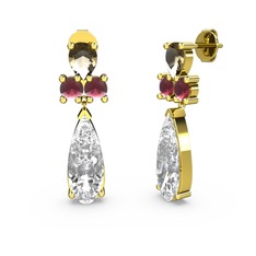 Şana Damla Küpe - Swarovski, dumanlı kuvars ve kök yakut 18 ayar altın küpe #1opyihd