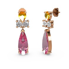 Şana Damla Küpe - Pembe kuvars, sitrin ve swarovski 14 ayar rose altın küpe #1oukpxk