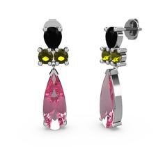 Pembe kuvars, siyah zirkon ve peridot 18 ayar beyaz altın küpe