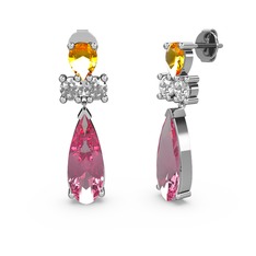 Pembe kuvars, sitrin ve swarovski 18 ayar beyaz altın küpe