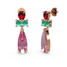 Pembe kuvars, garnet ve kök zümrüt 18 ayar rose altın küpe
