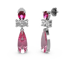 Pembe kuvars, rodolit garnet ve swarovski 18 ayar beyaz altın küpe